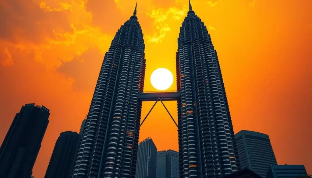 Generate an image of the Petronas Twin Towers in Kuala Lumpur at sunset.
