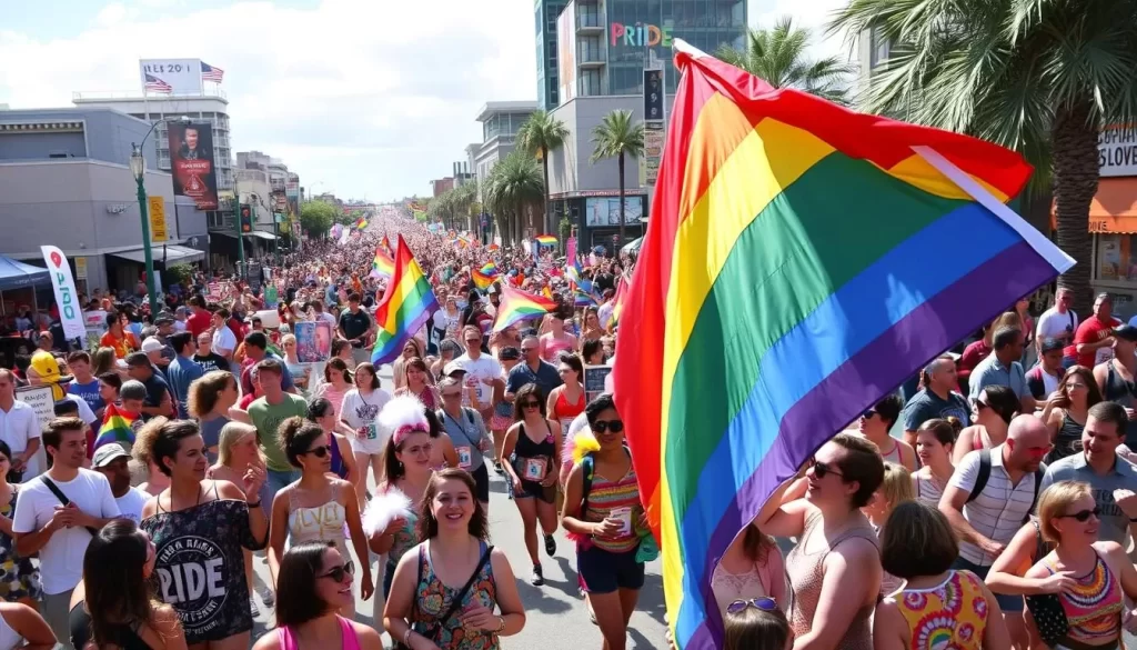 Generate an image of the Phoenix Pride Festival with a vibrant parade and diverse crowd.
