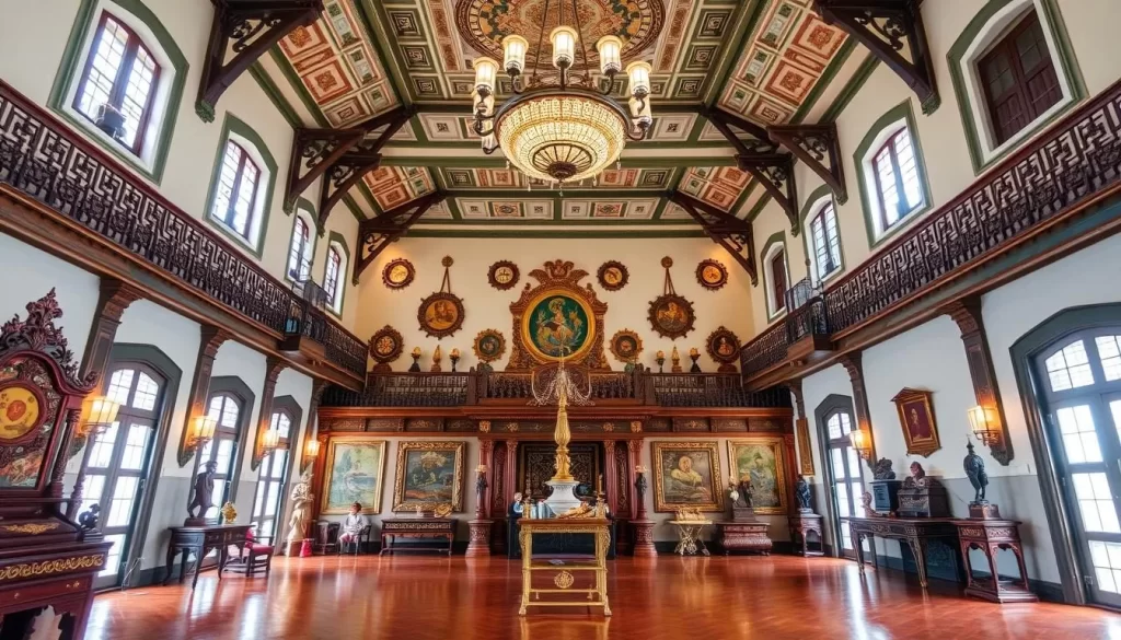 Generate an image of the Pinang Peranakan Mansion's grand hall with Peranakan artifacts