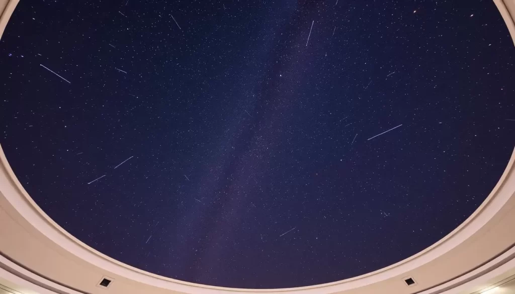 Generate an image of the Planetarium Klagenfurt's dome, displaying a realistic simulation of the night sky.