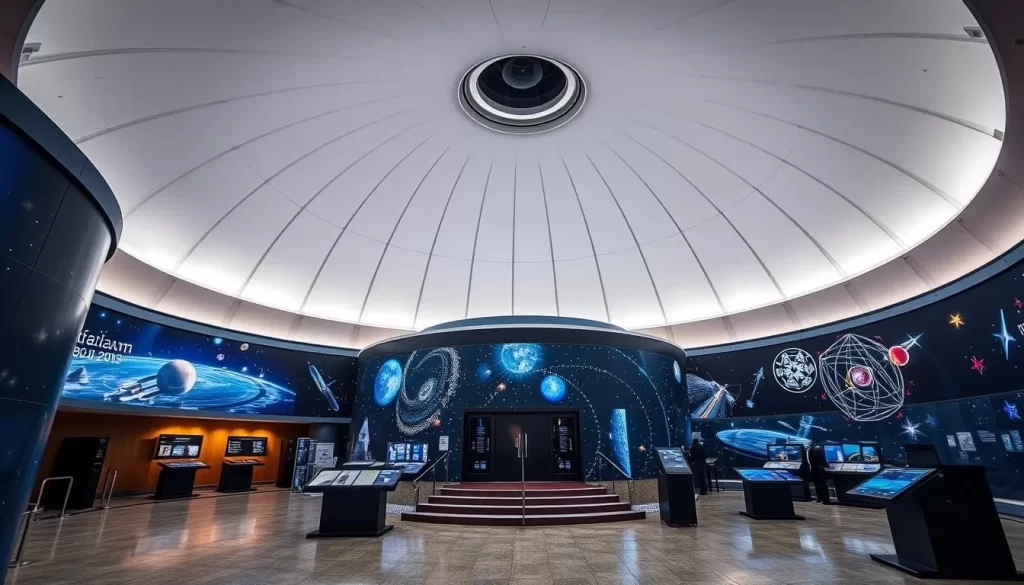 Generate an image of the Planetarium and Astronomical Observatory in Olsztyn, showcasing its dome and interactive exhibits.