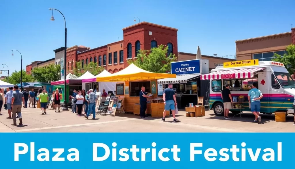 Generate an image of the Plaza District Festival with local artists and food trucks