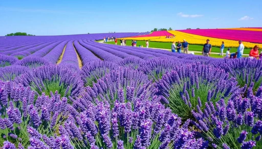 Generate an image of the Pocheon Herb Island Lavender Festival with lavender fields and visitors enjoying the activities.