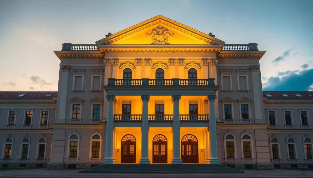 Generate an image of the Podlasie Opera and Philharmonic building's grand facade at dusk.