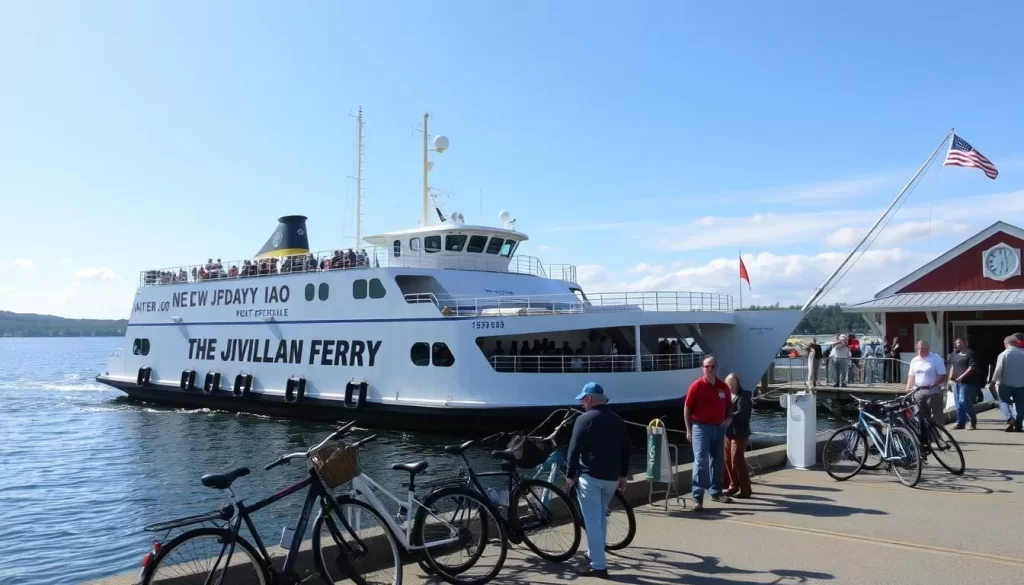 Generate an image of the Point Judith Block Island Ferry docked at New Shoreham with bikes and people in the foreground.