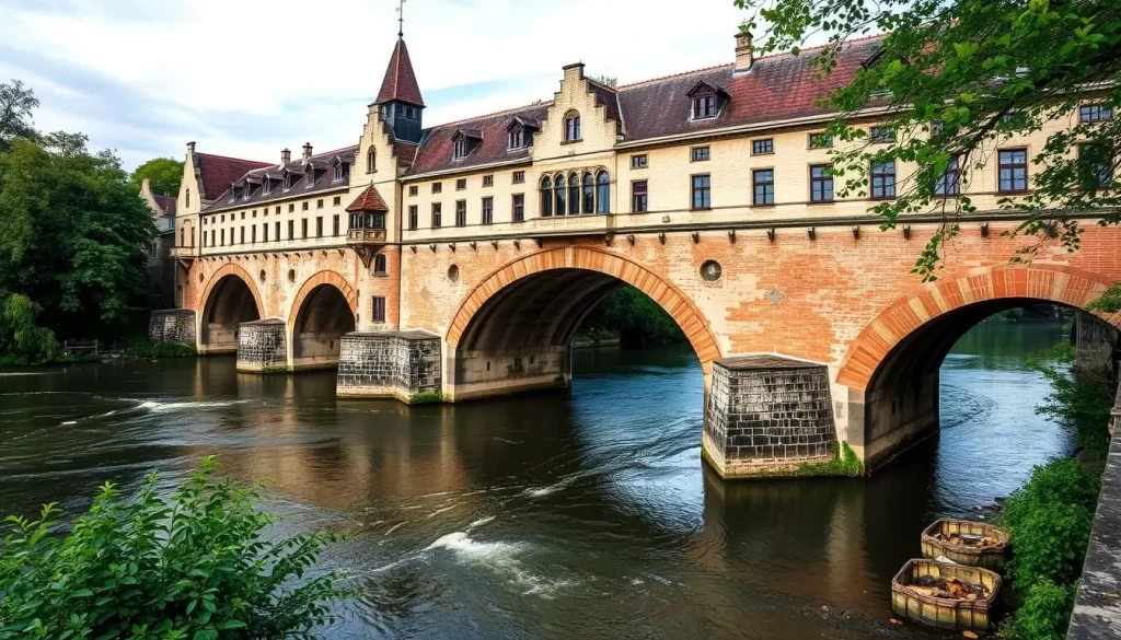 Generate an image of the Pont des Trous bridge in Tournai, Belgium, showcasing its medieval architecture and the river Scheldt.
