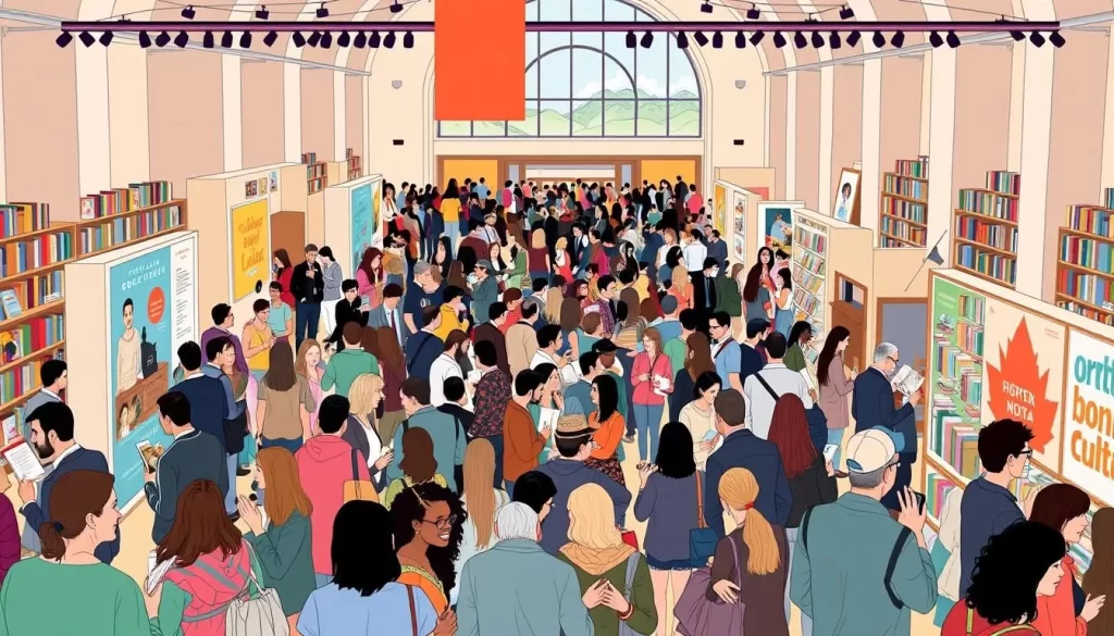 Generate an image of the Portland Book Festival with authors and readers at the Portland Art Museum