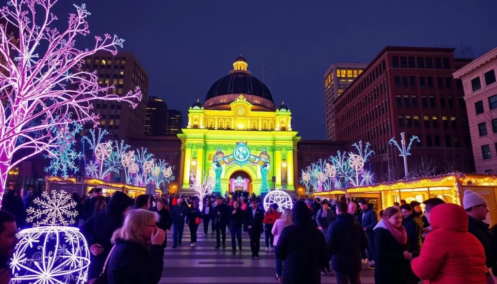 Generate an image of the Portland Winter Light Festival with interactive light installations at Pioneer Courthouse Square.