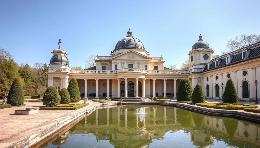 Generate an image of the Pouhon Pierre-le-Grand, a Neoclassical pavilion housing a historic spring in Spa, Belgium.