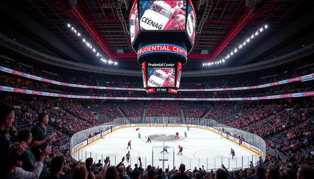 Generate an image of the Prudential Center in Newark, New Jersey, during a hockey game.
