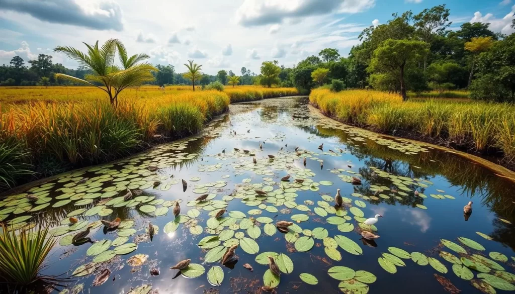 Generate an image of the Putrajaya Wetlands Park, highlighting its walking trails and diverse wildlife.