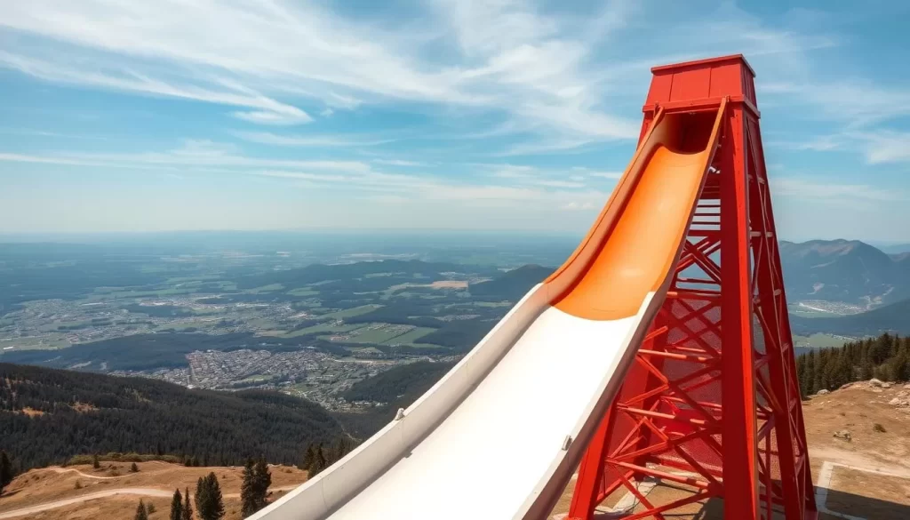 Generate an image of the Pyramidenkogel Tower with its tall slide and panoramic views.