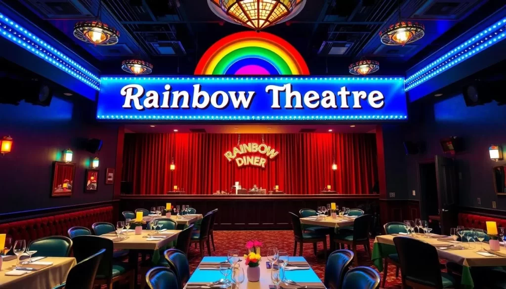 Generate an image of the Rainbow Dinner Theatre's dining area or stage, capturing its comedic atmosphere.
