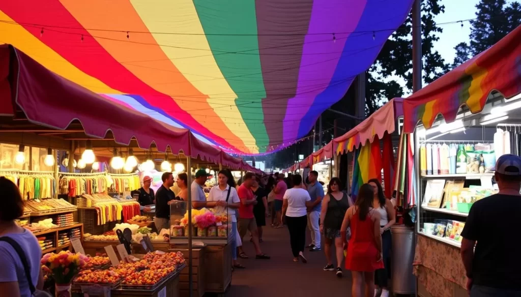 Generate an image of the Rainbows Festival with a lively atmosphere and diverse vendors.