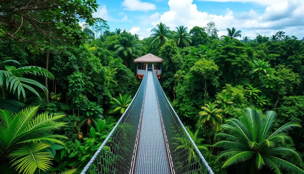 Generate an image of the Rainforest Discovery Centre's canopy walkway in Sandakan, Malaysia, showcasing the lush rainforest surroundings and the elevated walkway.