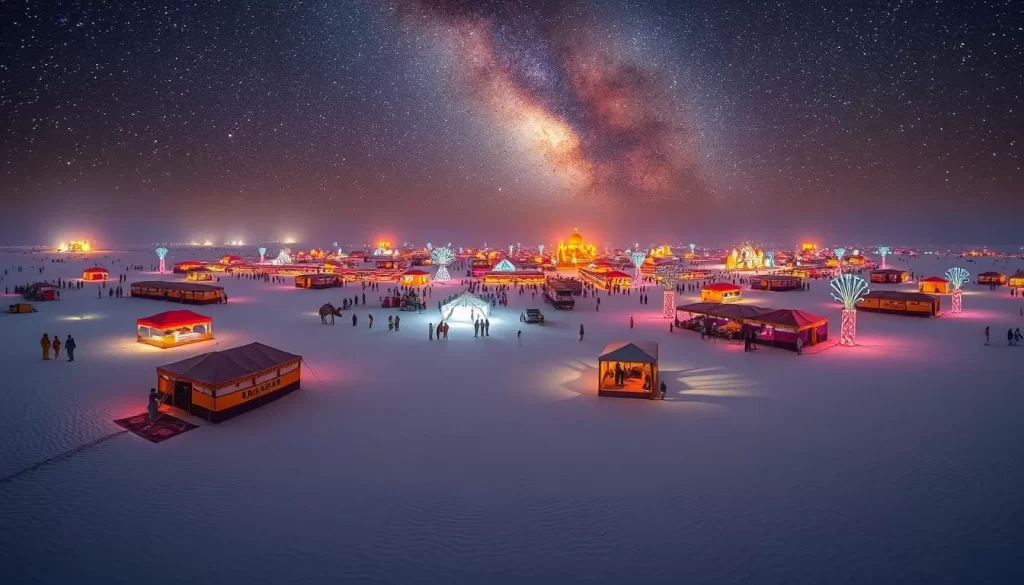 Generate an image of the Rann Utsav festival in the White Desert of Kutch, with colorful tents and vibrant performances under a starry sky.