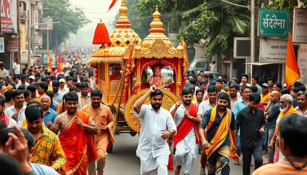 Generate an image of the Rath Yatra procession in Ahmedabad, with devotees pulling the chariots through the streets.