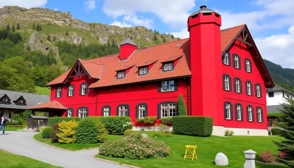 Generate an image of the Red House in Vaduz, Liechtenstein, showcasing its vibrant red exterior and unique tower.