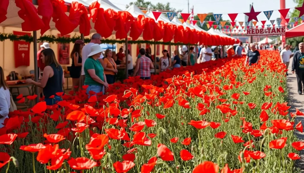Generate an image of the Red Poppy Festival in Georgetown, Texas, showcasing vibrant red poppies and a lively festival atmosphere.