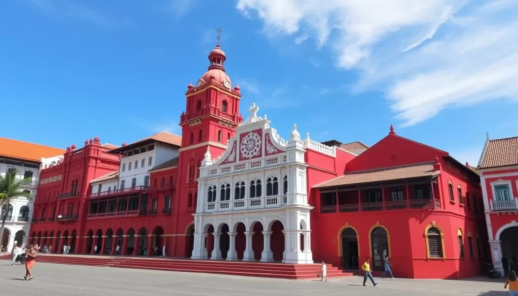 Generate an image of the Red Square in Malacca, Malaysia, with its distinctive red buildings and historic architecture.