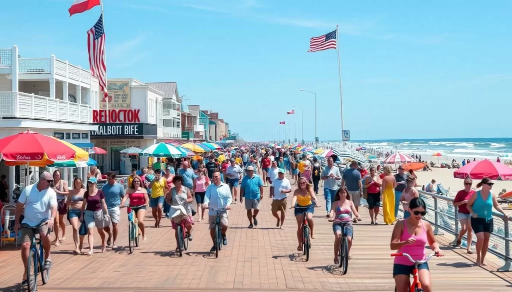 Generate an image of the Rehoboth Beach Boardwalk with people walking, biking, and enjoying the beach.