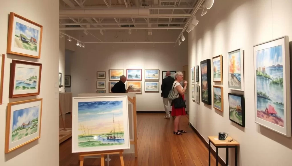 Generate an image of the Rhode Island Watercolor Society's exhibition featuring watercolor artworks by local artists.