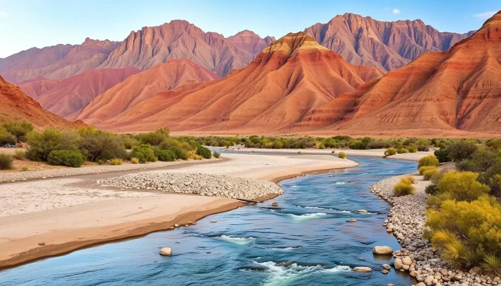 Generate an image of the Richtersveld Transfrontier Park landscape with its unique mountain desert wilderness and the Orange River.