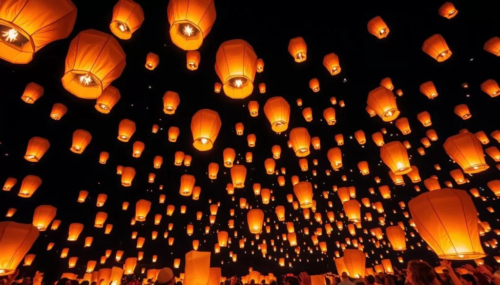 Generate an image of the Rise Lantern Festival in Nevada, with thousands of lanterns releasing into the night sky.
