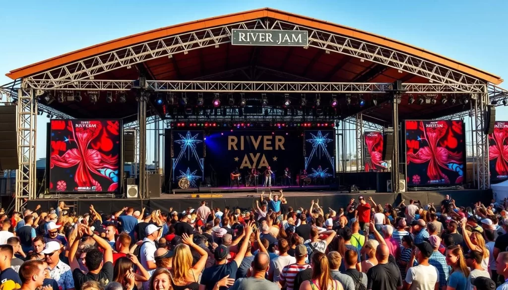 Generate an image of the River Jam Festival at the Mystic Shipyard, with multiple stages and a lively crowd enjoying the <strong>live music</strong>.