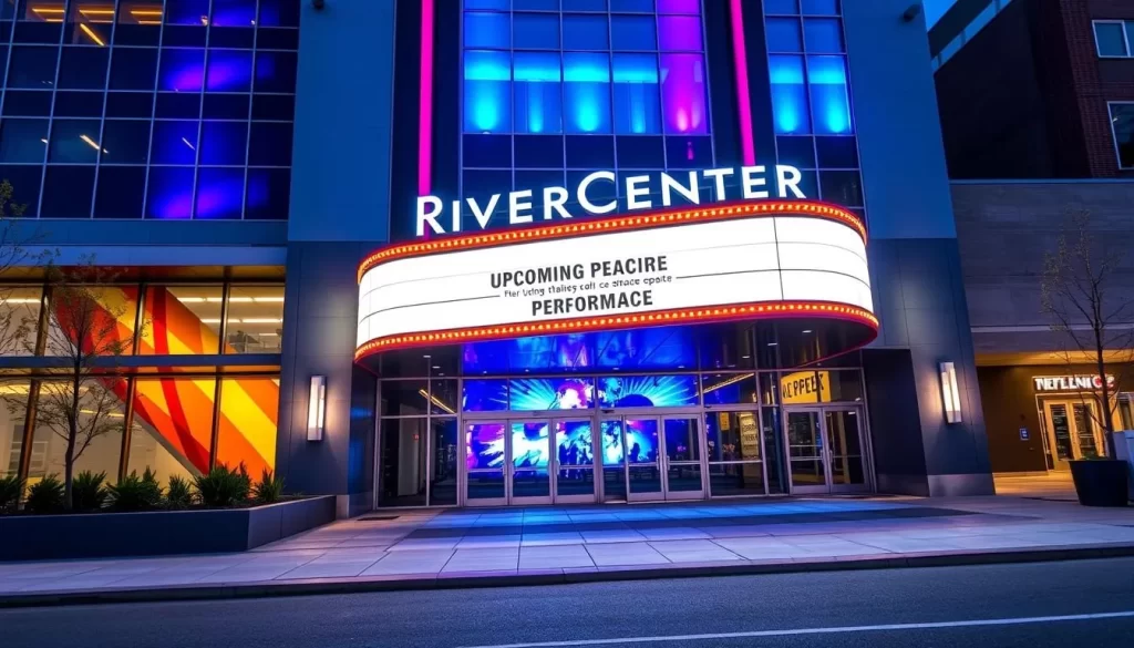 Generate an image of the RiverCenter's modern facade with a marquee displaying an upcoming performance.