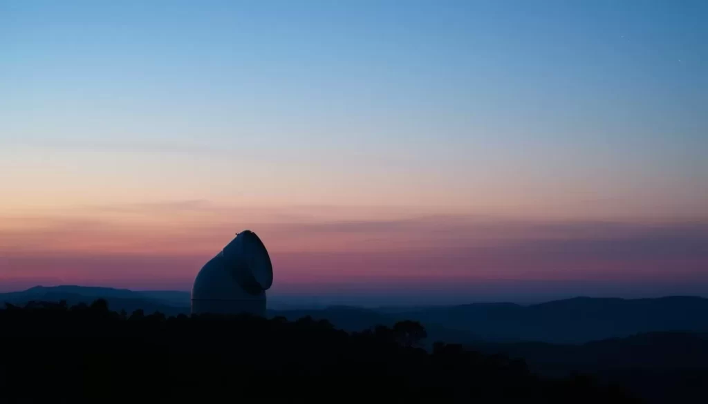 Generate an image of the Robert C. Byrd Green Bank Telescope at dusk, with stars beginning to twinkle in the sky.