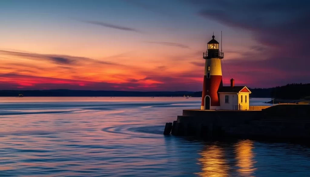 Generate an image of the Rockland Breakwater Lighthouse at sunset, with the Penobscot Bay in the background.