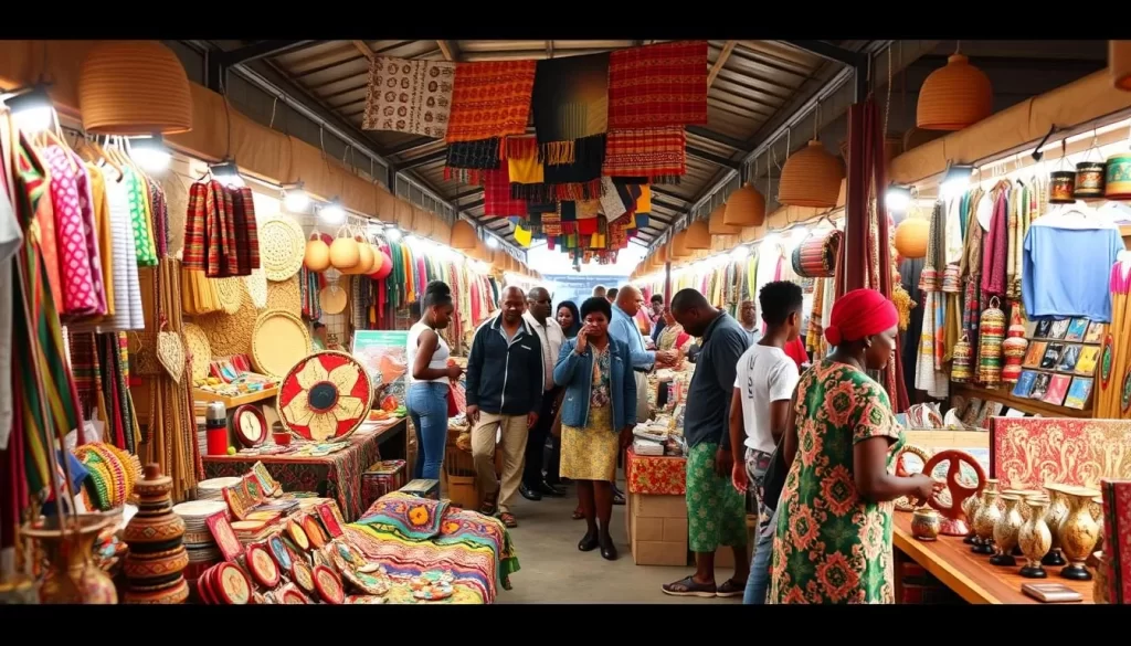 Generate an image of the Rosebank African Craft Market, highlighting the vibrant colors and diverse crafts on display.