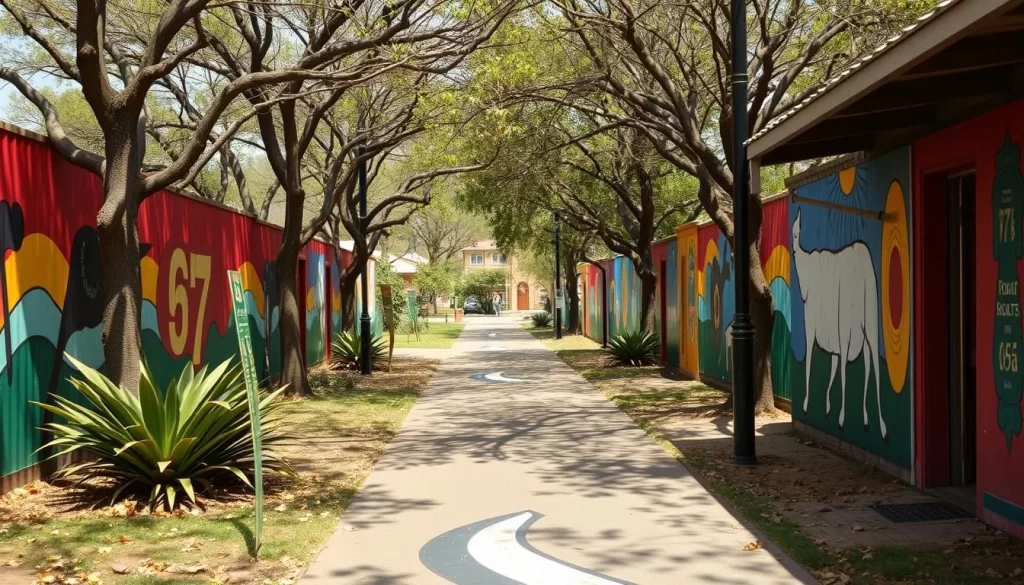 Generate an image of the Route67 trail in Port Elizabeth, showcasing its vibrant public artworks and historical significance.