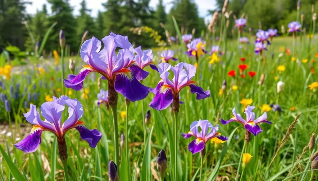 Generate an image of the Ruggeller Riet Nature Reserve during the Siberian iris bloom.