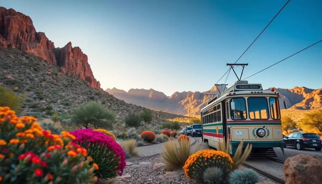 Generate an image of the Sabino Canyon Tram traveling through the beautiful desert landscape.