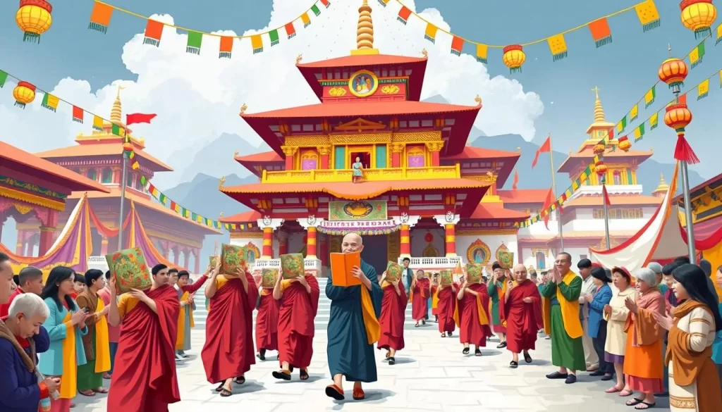 Generate an image of the Saga Dawa festival celebration in Sikkim, with monks and devotees carrying Buddhist scriptures around a monastery.