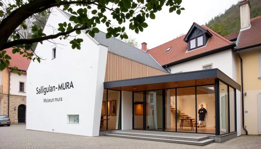 Generate an image of the SammlungMura Museum's exterior, showcasing its modern architecture amidst the historic surroundings of Mauren, Liechtenstein.