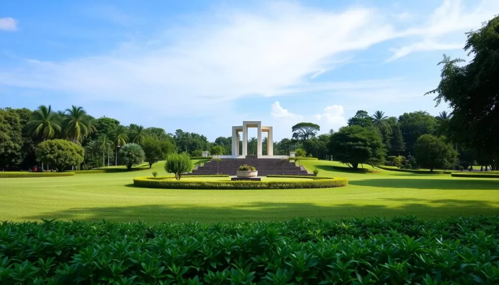 Generate an image of the Sandakan Memorial Park's serene landscape with memorial structures in the background.