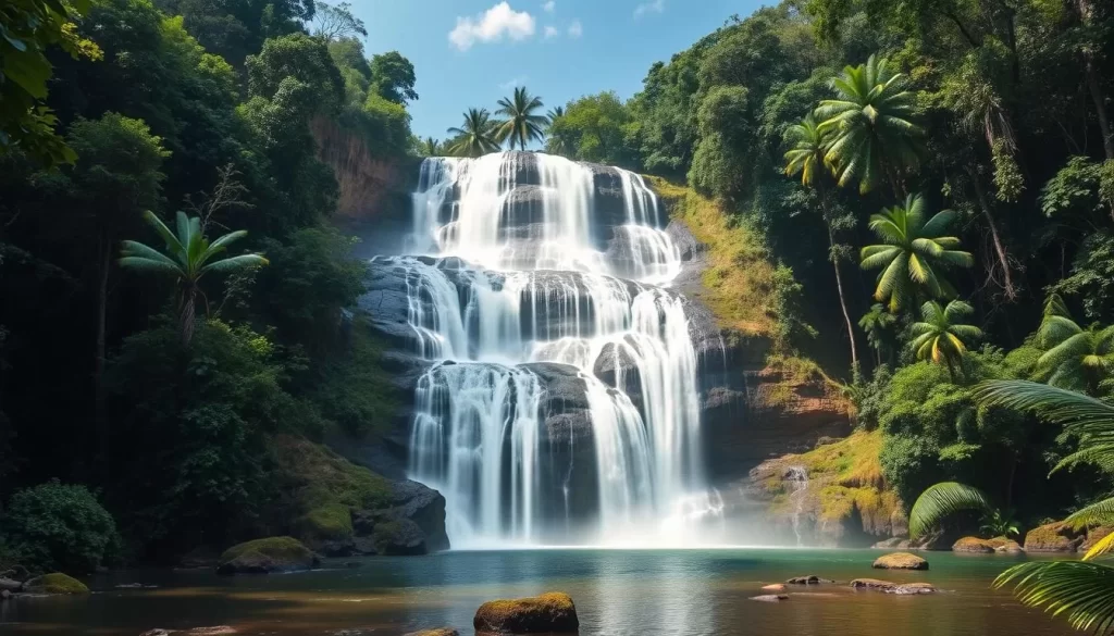 Generate an image of the Sanje Waterfalls in Udzungwa Mountains National Park, showcasing its three-tiered structure and the lush surrounding rainforest.