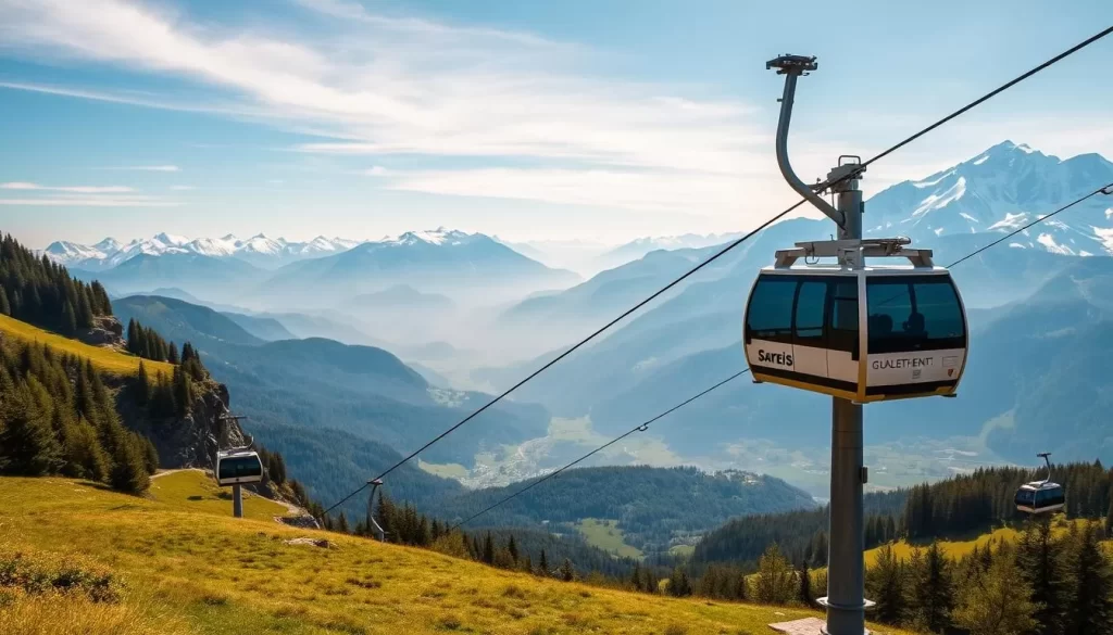 Generate an image of the Sareis chairlift in Malbun, Liechtenstein, with panoramic views of the Alps.