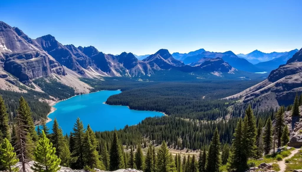 Generate an image of the Sawtooth Lake Trail with vibrant blue water and surrounding mountains.