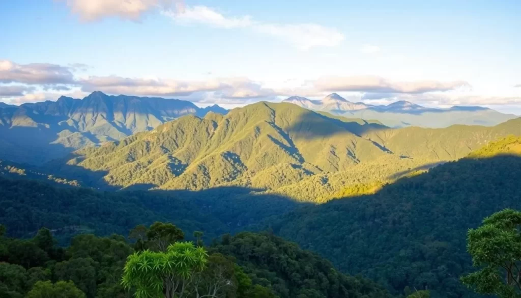 Generate an image of the Scenic Rim's lush rainforests and dramatic mountain ranges.