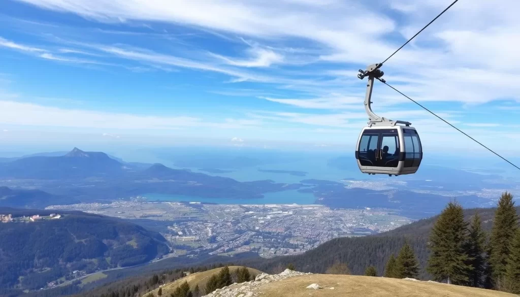 Generate an image of the Schmittenhöhe summit with a cable car in the foreground and Zell am See town in the background.