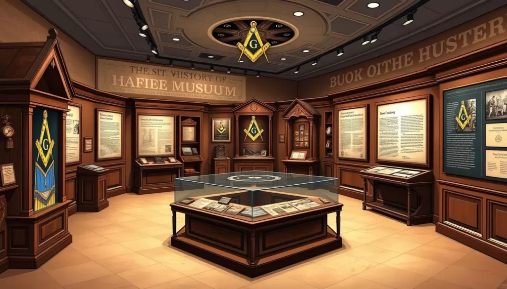 Generate an image of the Scottish Rite Masonic Museum's exhibit on the history of freemasonry, with displays of historic regalia and artifacts.
