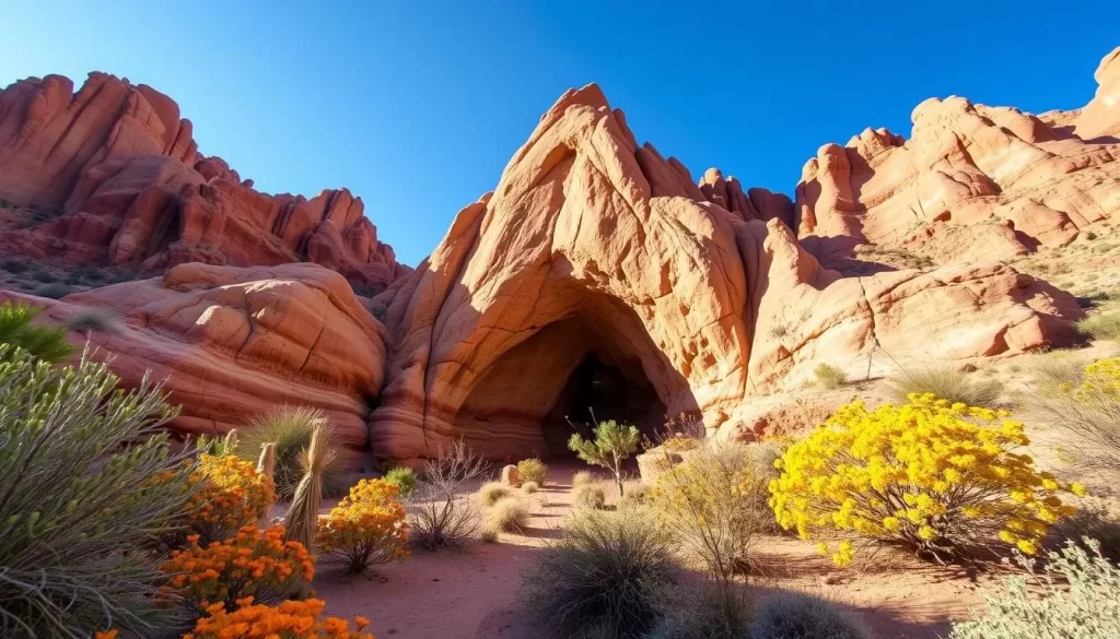 Generate an image of the Scout Cave Trail in Snow Canyon State Park, featuring the teardrop-shaped cave and surrounding landscape.