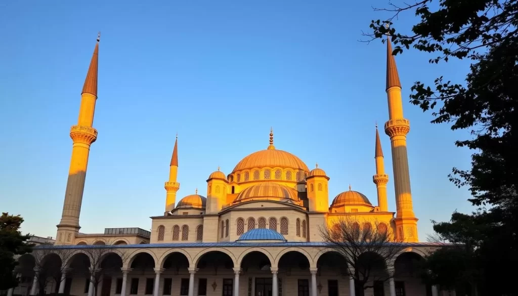 Generate an image of the Selimiye Mosque's majestic dome and minarets at sunrise.