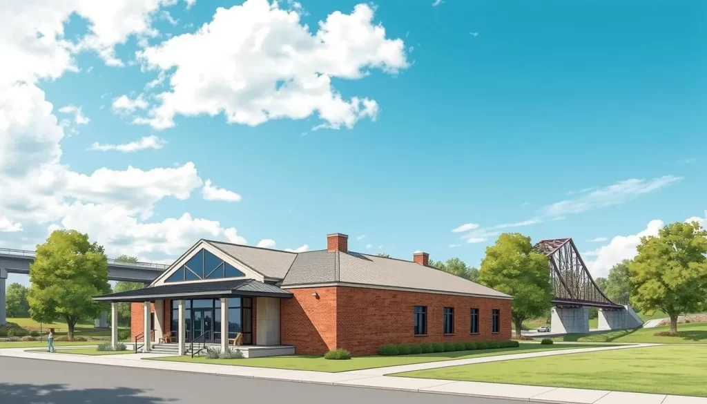Generate an image of the Selma Interpretive Center located at the foot of the Edmund Pettus Bridge.