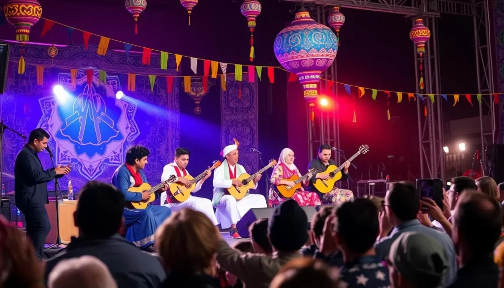 Generate an image of the Sharq Taronalari festival in Samarkand, showcasing musicians from different cultures performing together.