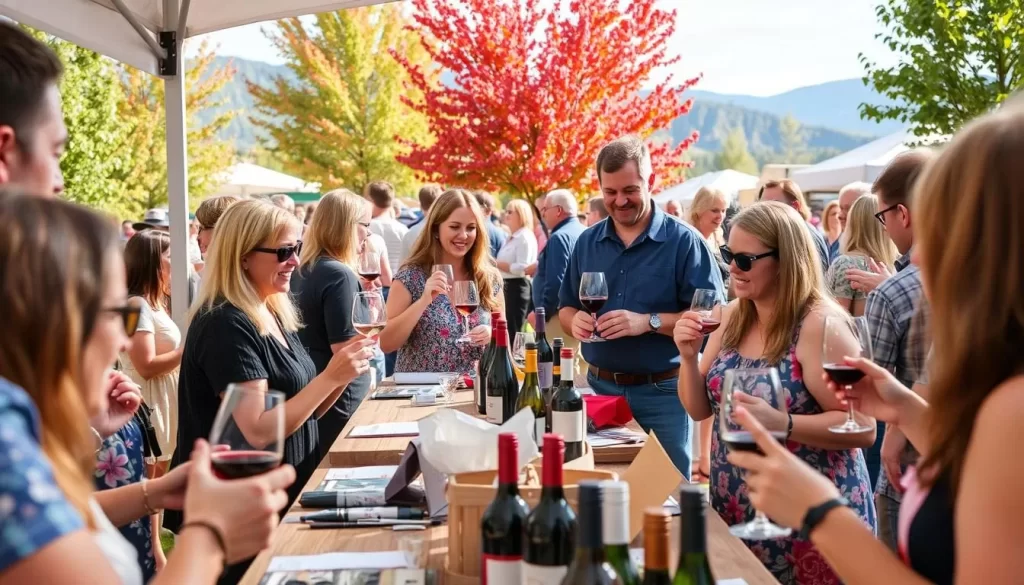 Generate an image of the Sheridan Wine Festival, showcasing attendees sampling wine and enjoying the event.